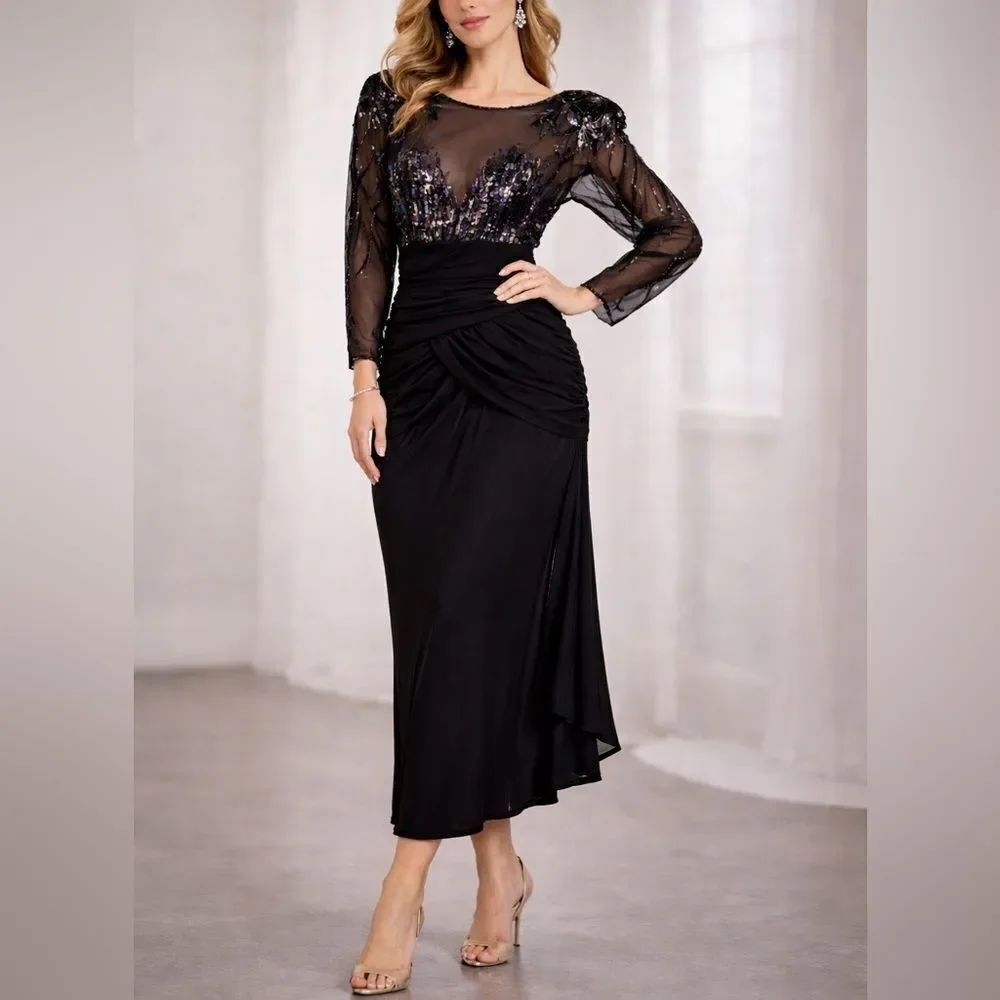 Vintage 80s Casadei Black Beaded Sheer Sleeve Ruched Open Back Midi Dress S